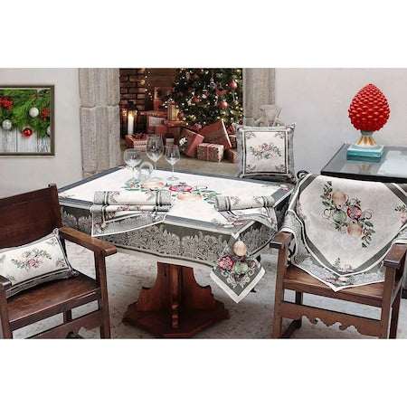 Napron Sweet Brown Christmas, bumbac, model cu globulețe, alb, argintiu și verde olive, dimensiuni 45 x 95 cm