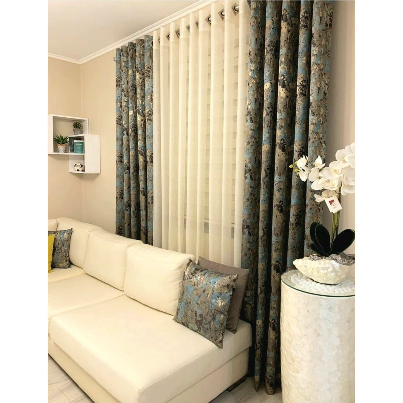 Set 2 perne decorative cu burdufi 20365/4110, mătase, auriu și turcoaz, 40x40 cm