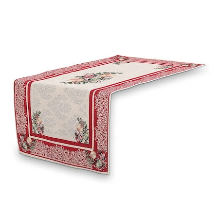 Napron Sweet Red Christmas, bumbac, model cu globulețe, alb, argintiu și roșu, dimensiuni 45 x 95 cm