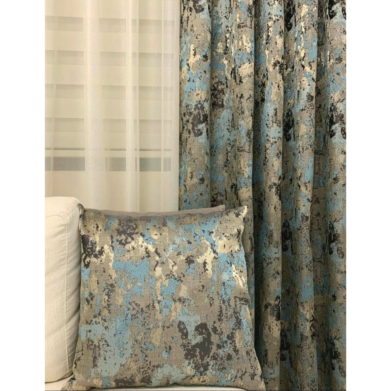 Set 2 perne decorative cu burdufi 20365/4110, mătase, auriu și turcoaz, 40x40 cm