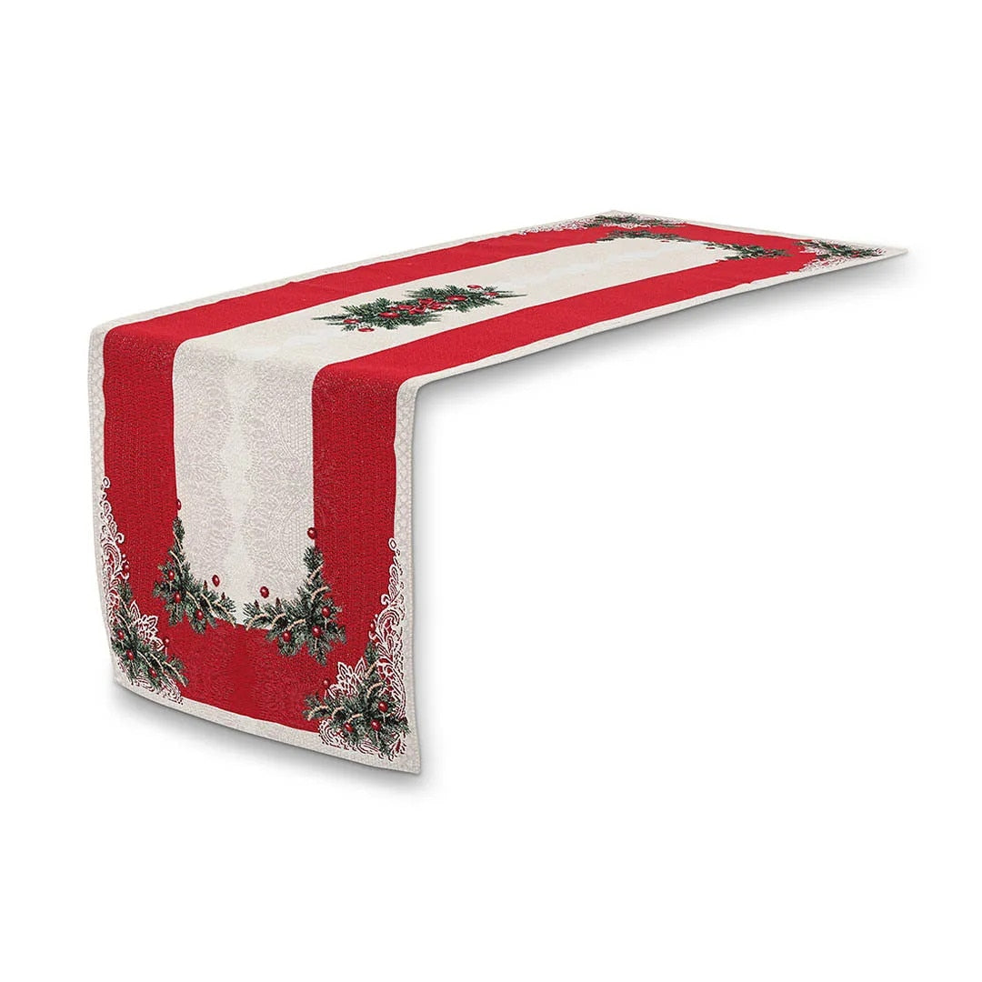 Napron Merry Christmas, bumbac, model cu crengi de brad, alb, argintiu, verde și roșu, dimensiuni 45 x 95 cm