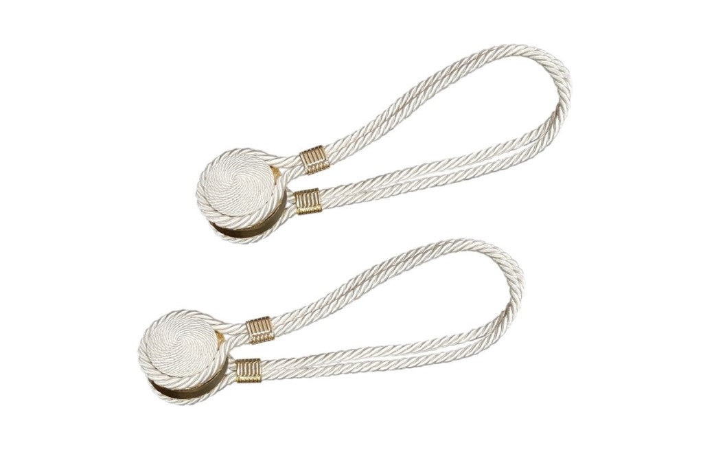 Set of 2 decorative magnets for curtains, oval shape, double textile cord 53 cm, ivory