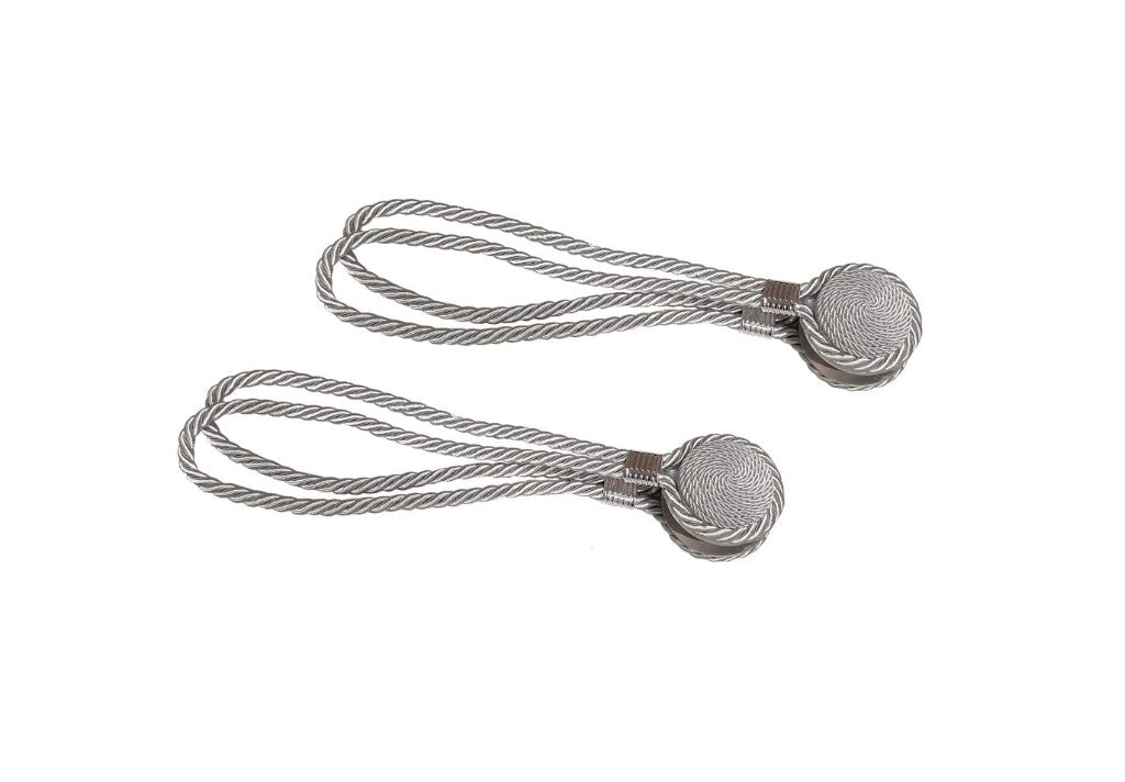 Set of 2 decorative curtain magnets, oval shape, double textile cord 53 cm, pearl gray