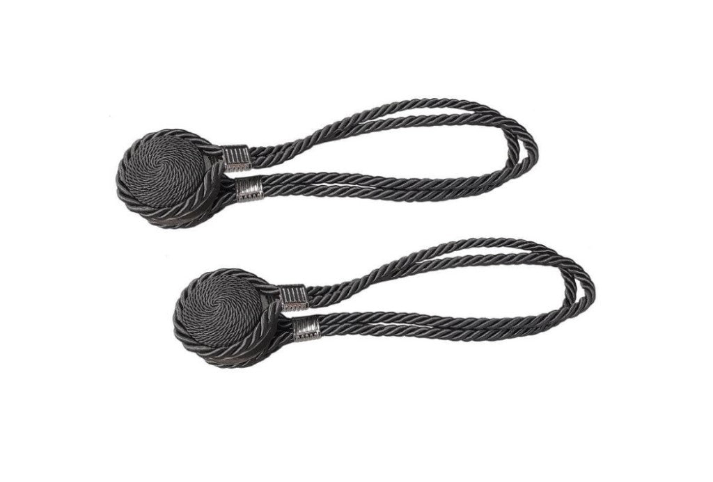 Set of 2 decorative curtain magnets, oval shape, double textile cord 53 cm, anthracite grey