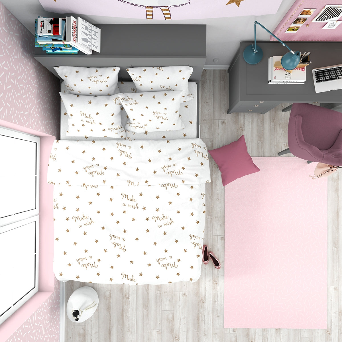 Lenjerie de pat pentru copii MAKE A WISH 2 100%  Bumbac Ranforce 3 piese