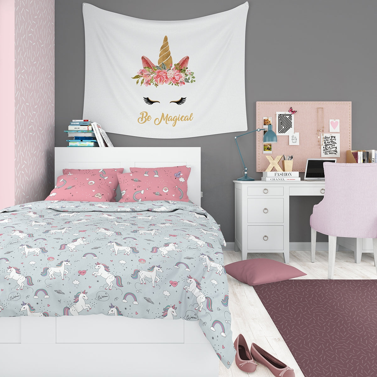 Lenjerie de pat pentru copii UNICORN  Bumbac Ranforce 100% 3 piese