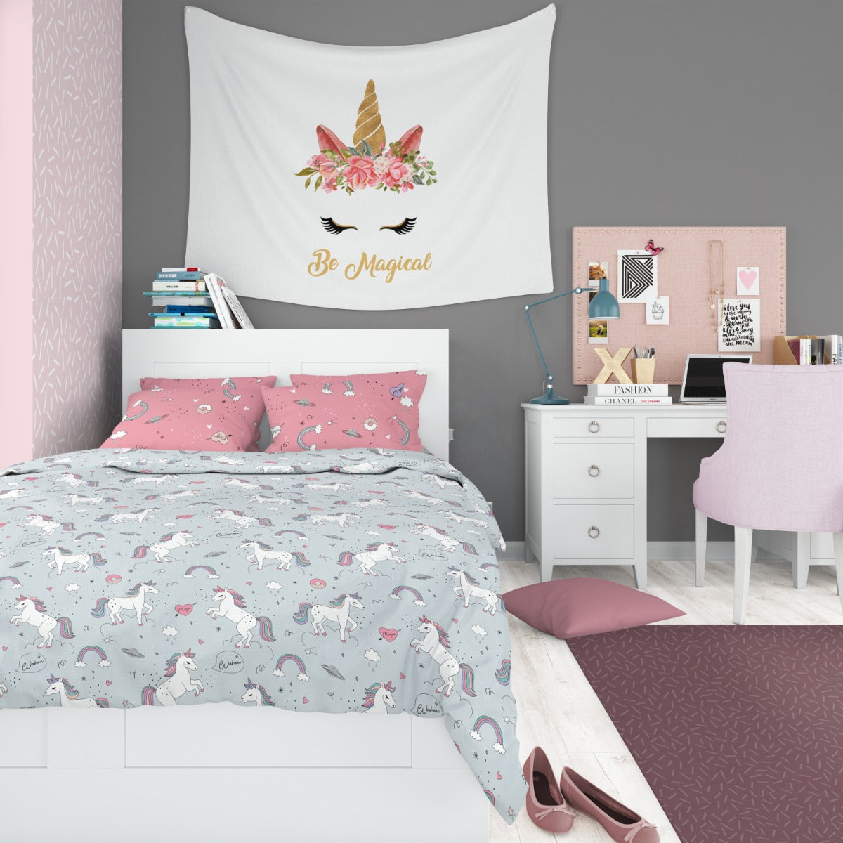Lenjerie de pat pentru copii UNICORN  Bumbac Ranforce 100% 4 piese