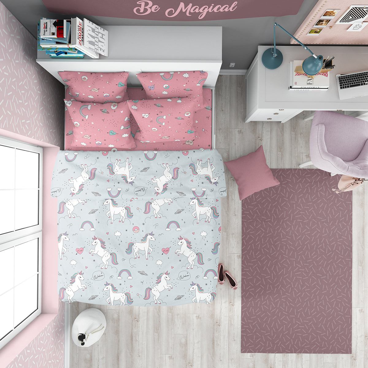 Lenjerie de pat pentru bebelusi UNICORN  Bumbac Ranforce 100% 3 piese