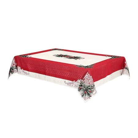 Față de masă Merry Christmas, model festiv de Crăciun, bumbac, alb și roșu, cu  crengi de brad