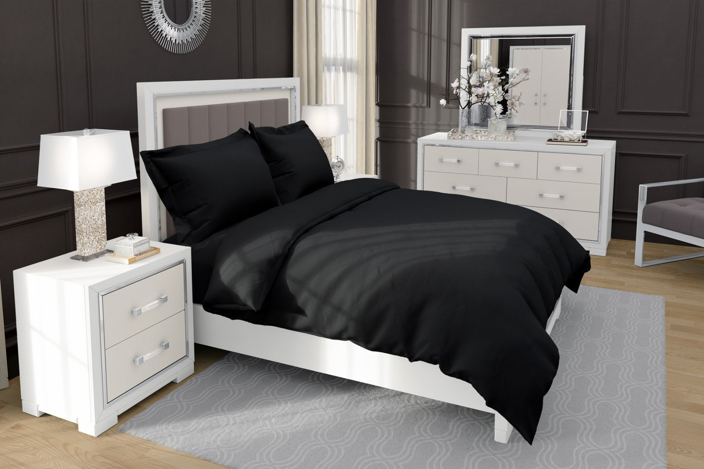 Lenjerie de pat de lux NEGRU 100% bumbac satinat 4 piese