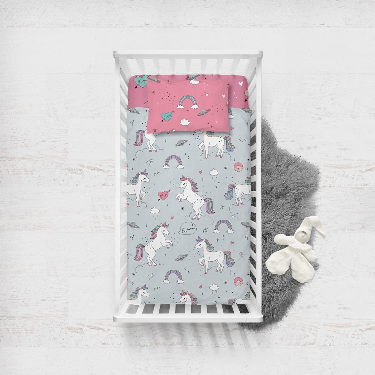 Lenjerie de pat pentru bebelusi UNICORN  Bumbac Ranforce 100% 3 piese
